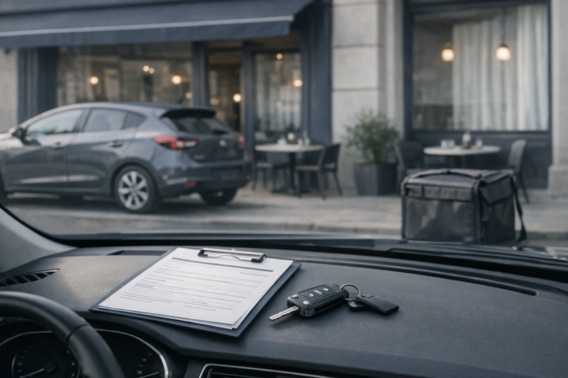 Kaskoversicherung – Auto vor einem Restaurant mit Liefertasche, Versicherungsdokument und Schlüssel auf dem Armaturenbrett