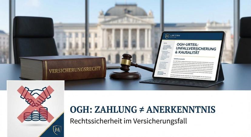 Rechtsanwalt Versicherungsrecht: OGH-Urteil zur Unfallkausalität und Zahlung ohne Anerkenntnis. Infografik mit Gesetzbuch und Richterhammer.