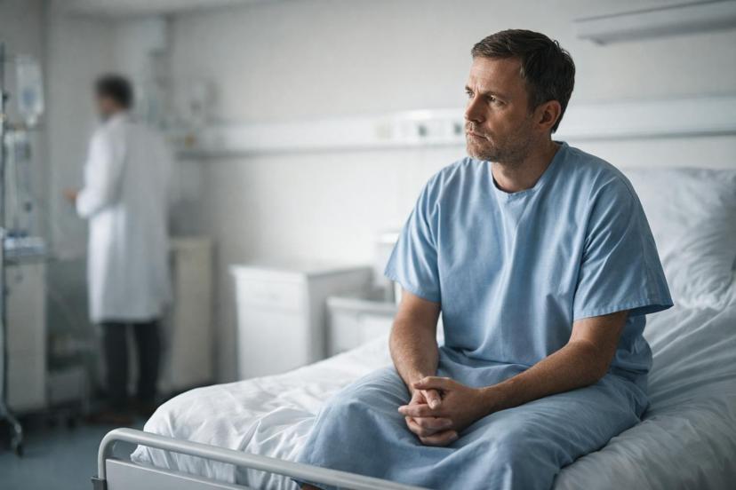 Nachdenklicher Patient im Krankenhauszimmer